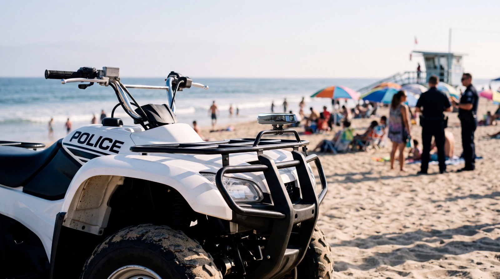 Police ATV with an Ekin camera on a crowded beach, officers talking with beachgoers