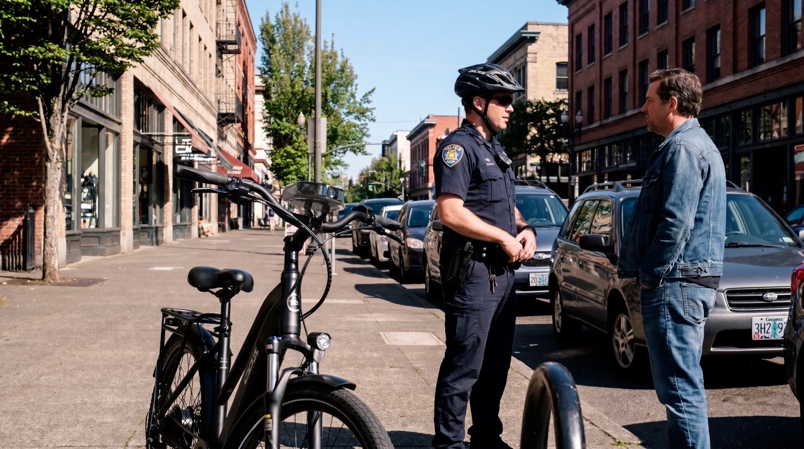 Bike patrol officer talking with a resident beside an Ekin-equipped e-bike on a downtown street