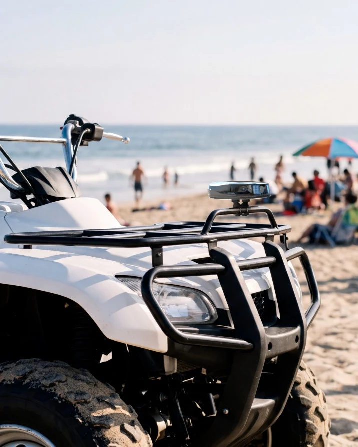 White patrol ATV with an Ekin camera mounted on its front rack, parked on a busy beach