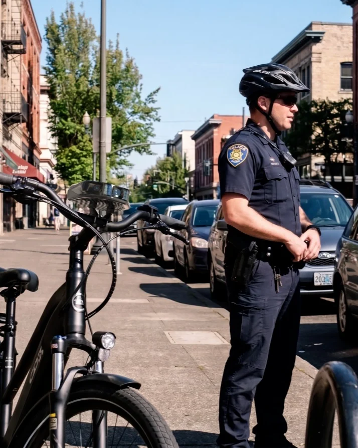 Bike patrol officer standing beside an Ekin-equipped e-bike on a downtown sidewalk