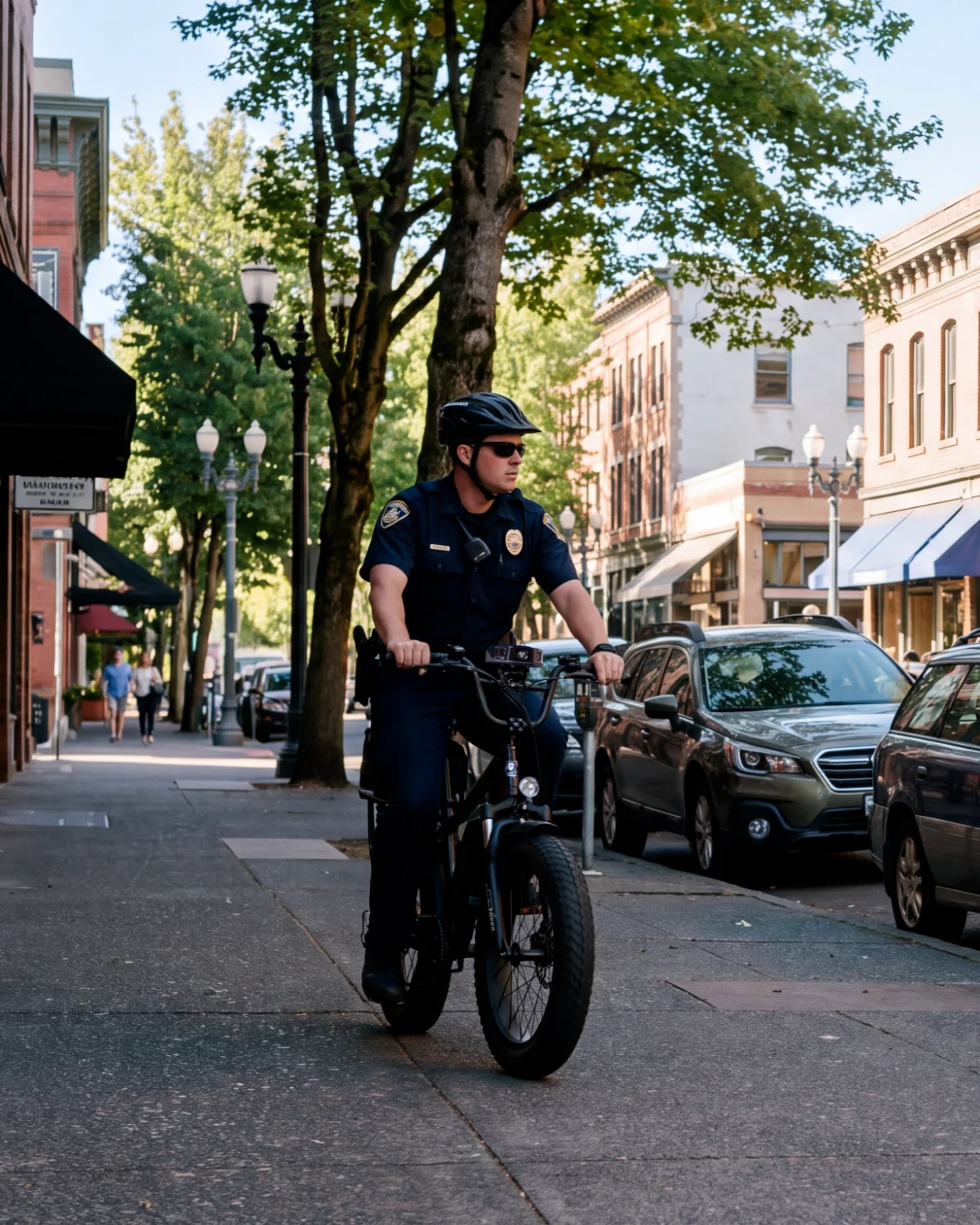 Bike Patrol officer riding an e-bike along a downtown sidewalk