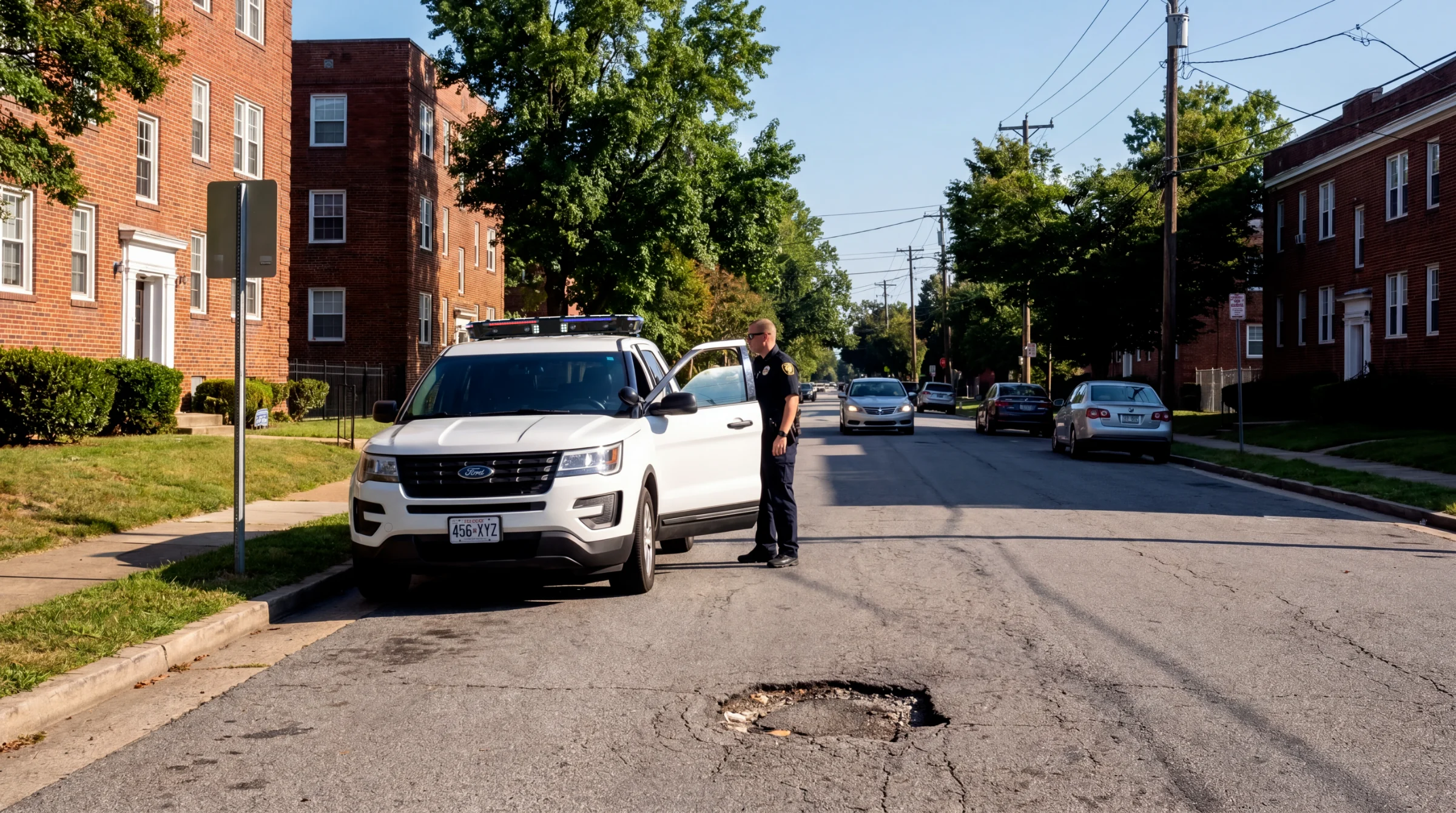 City vehicle stopped on a residential street beside a pothole