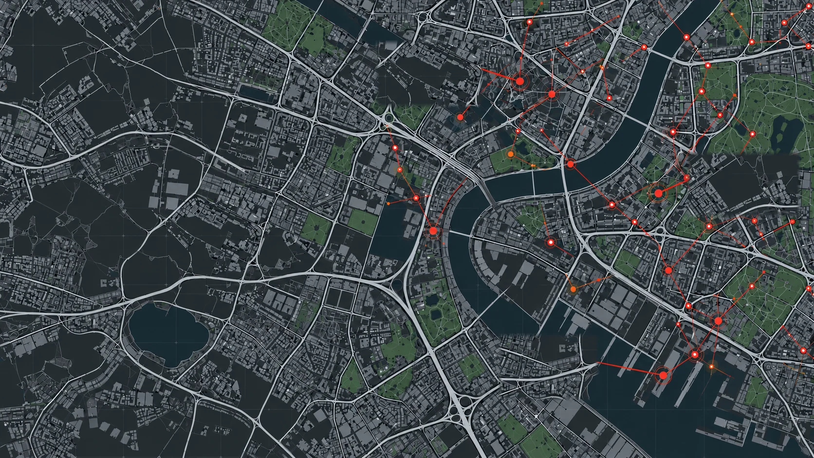 Dark city map with road and street issues highlighted