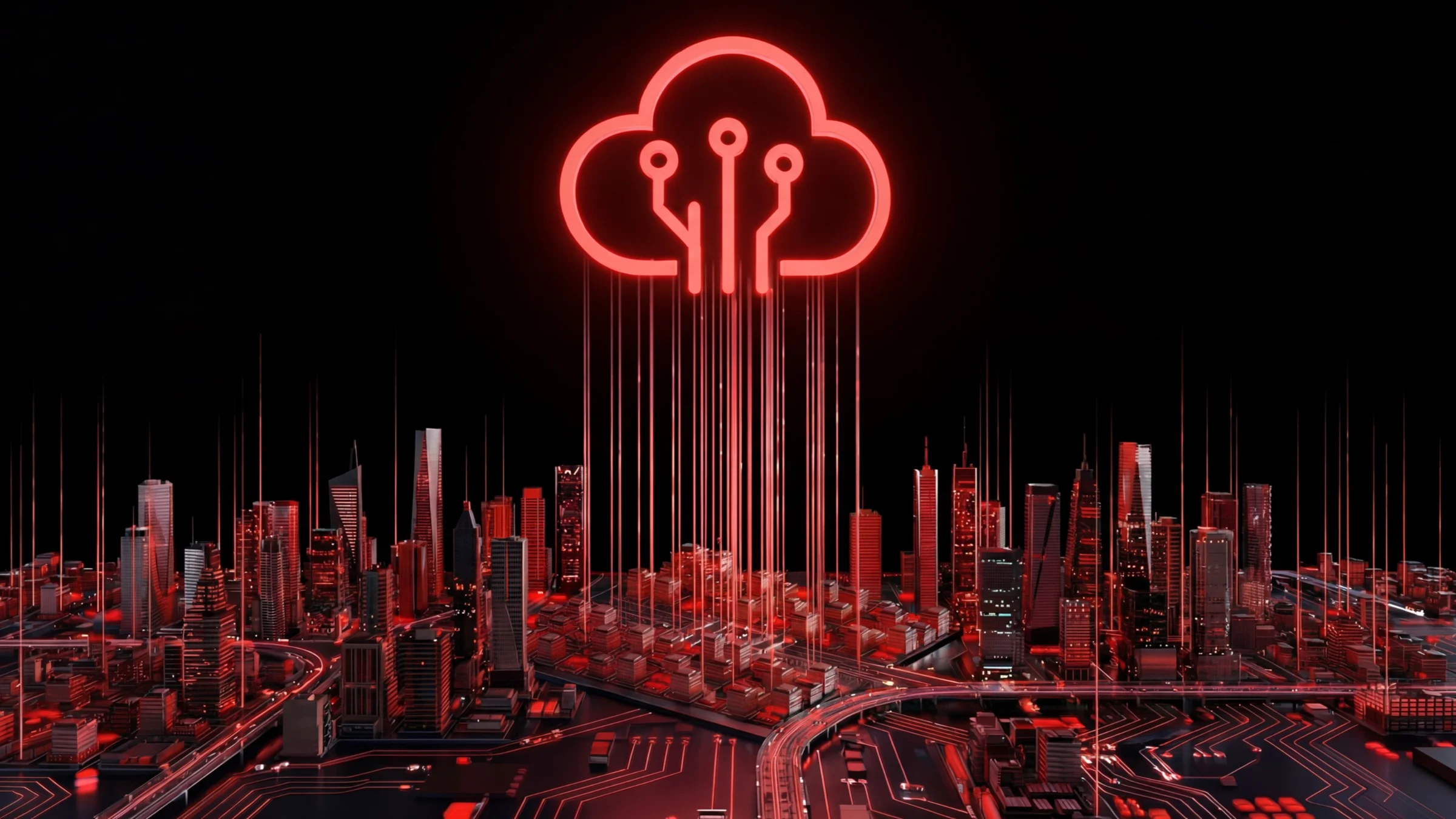 A red-lit city connected by data lines to a cloud icon above it