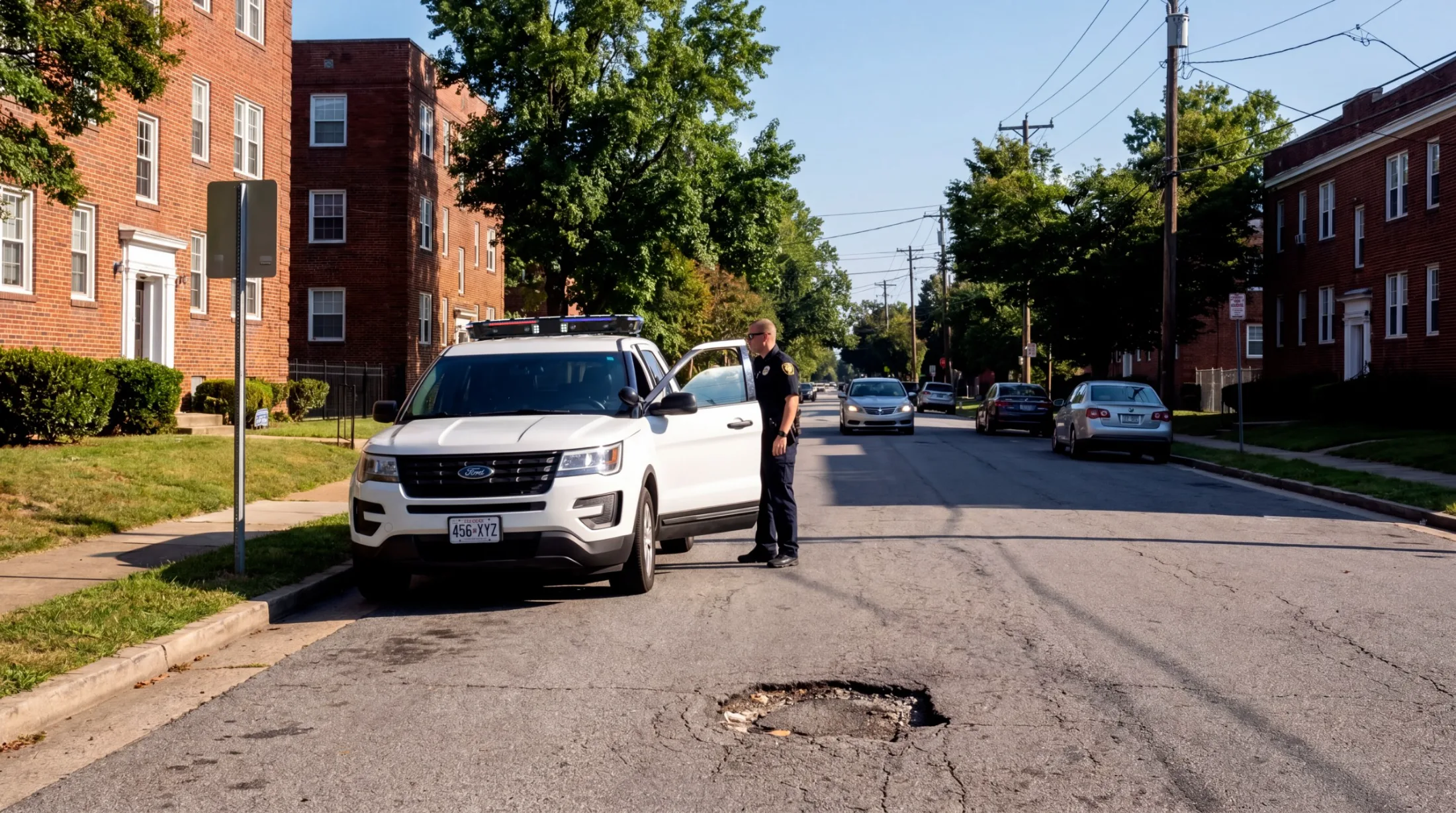 Officer beside an Ekin-equipped patrol vehicle next to a pothole on a residential street
