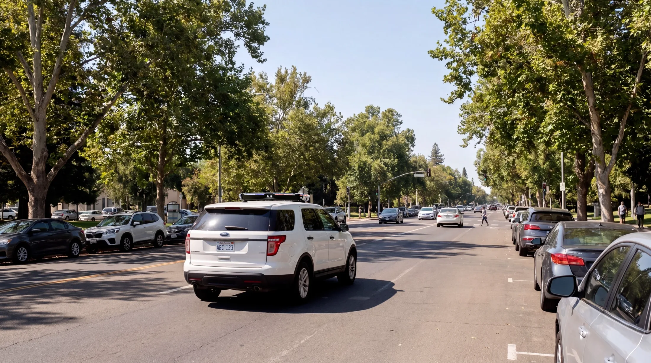 Ekin-equipped patrol vehicle driving a tree-lined city avenue