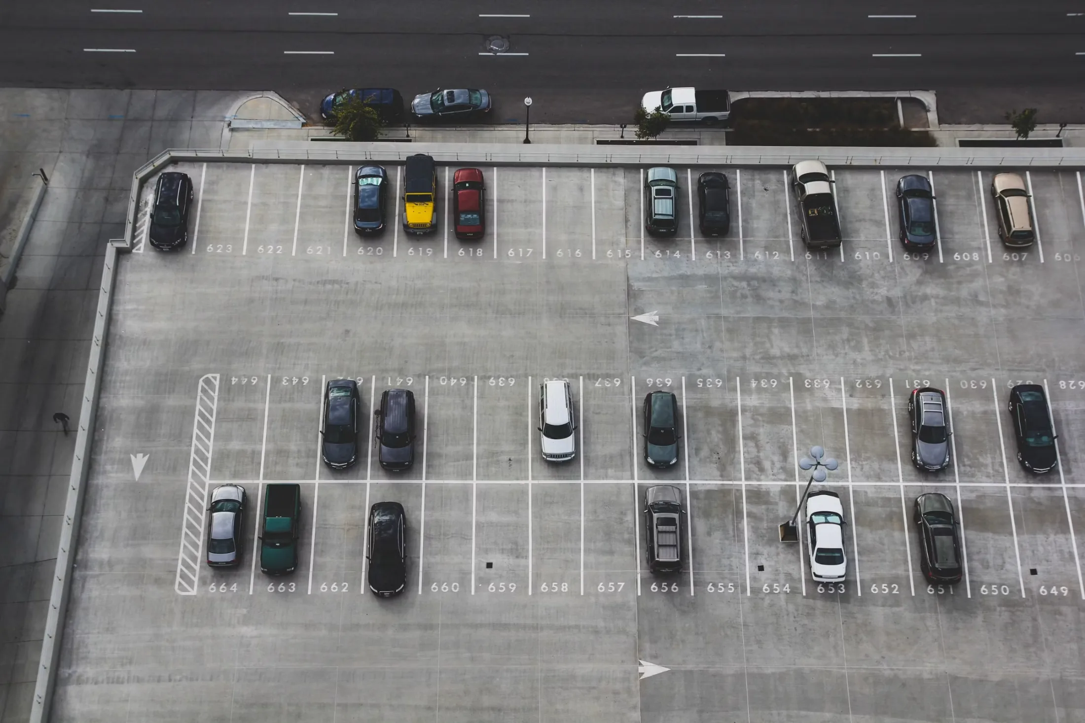 Aerial view of a numbered parking lot