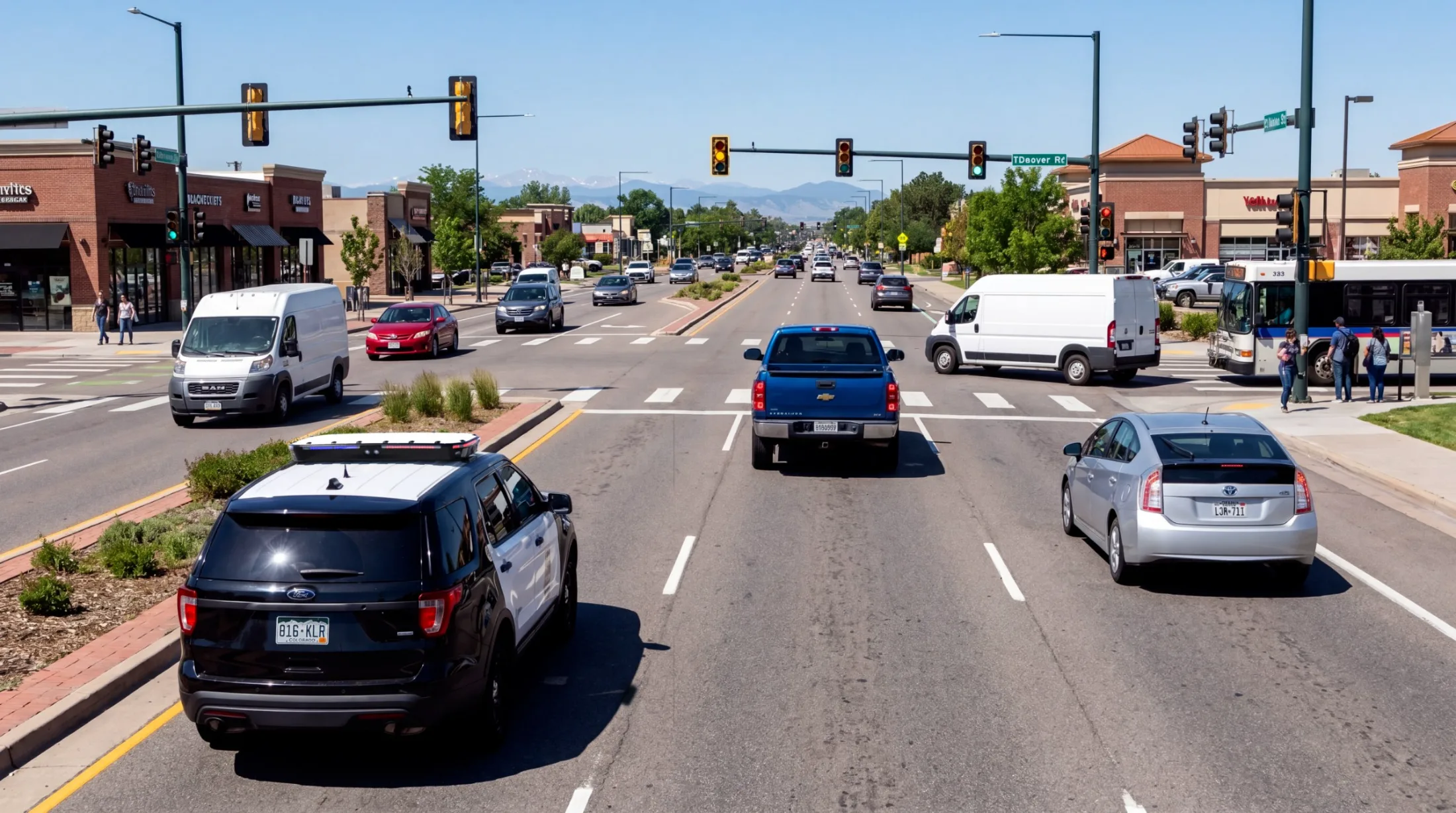 Ekin Patrol G2 lightbar on a police SUV at a multi-lane city intersection