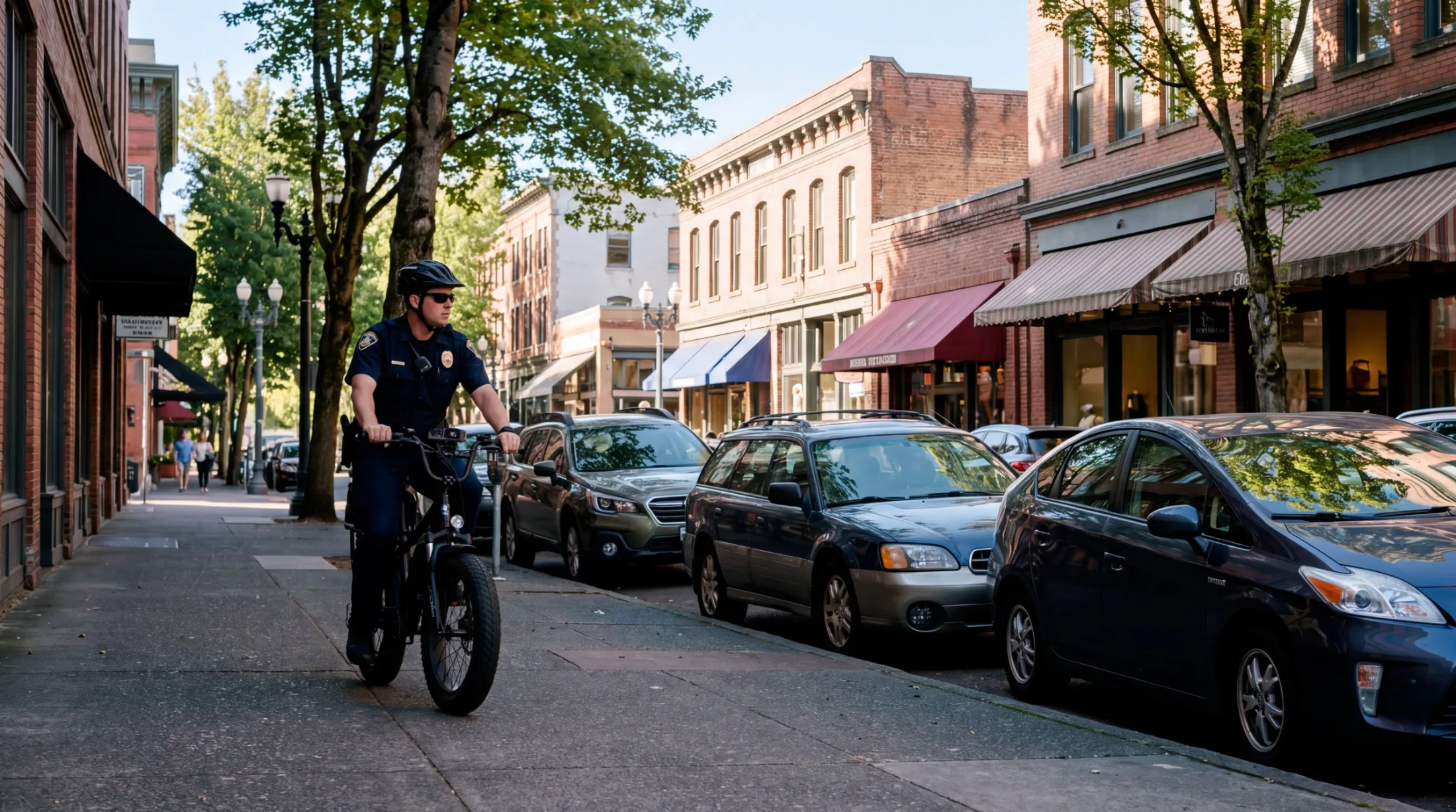 Officer on an Ekin Bike Patrol unit enforcing parking on a downtown street