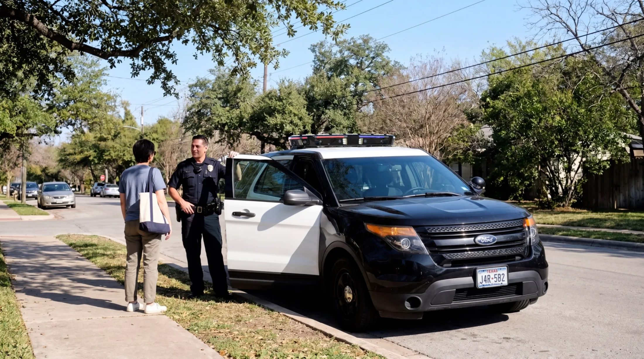 Officer talking with a resident beside an Ekin-equipped patrol vehicle