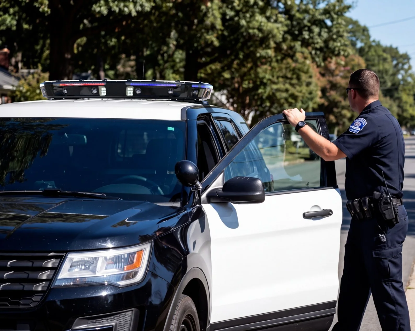 Officer beside a patrol vehicle with Ekin roof-mounted cameras